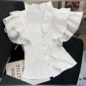 SHEIN White Ruffle Button-Up Blouse